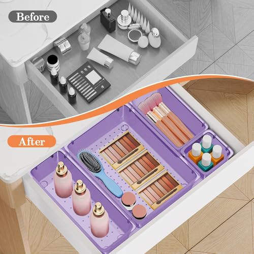 SpaceHacks 25 PCS Plastic Drawer Organizer Set, 4-Size Versatile Organizer Trays & Storage Bins for Makeup, Jewelry, and Gadgets in Bathroom, Bedroom and Office,Clear Purple - color: Clear Purple