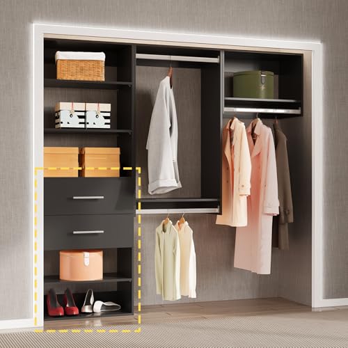 2 Drawer Short Tower Closet Unit, Modular Closet System, Wood Closet System Organizer with Storage for Walk In Closets, Clothing Rack Closet for Hanging Clothes, Bedroom, Black, 19.5"W - color: Black, size: 19.5" Wide, style: 2 Drawer Short Tower