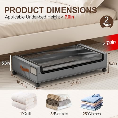 LAMU Under Bed Storage with Wheels, 2 Pack Under Bed Storage Containers with Clear Lid, XXL 60L Underbed Storage Bins, Rolling Under Bed Metal Drawers for Clothes, Blankets, Shoes, Grey - color: Grey, size: 2 Pack