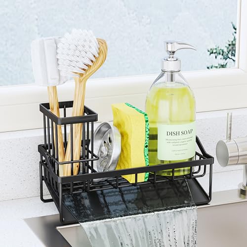 SWTYMIKI Sink Caddy Sponge Holder - Kitchen Sink Organizer with Stainless Steel Self Drain Tray & High Brush Holder for Countertop to Hold Dish Soaps and Sponges, Stainless Steel, Black - color: Black-Slope Drain, size: Medium