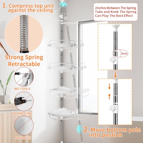 Upgrade Sturdy Shower Caddy Tension Pole Corner Shower Caddy Bathroom Organizer 18/8 Stainless Steel Rustproof 4 Tier Adjustable Shelves for Bathtub Shampoo Accessories Storage Rack 32-122inch - color: White