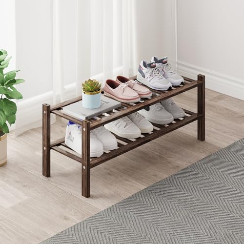Bamboo Shoe Rack Organizer for Closet and Entryway - Space-Saving Narrow Shoe Stand - Versatile Shoe Holder for Door or Closet Shelf,Garage Bedroom can Freely Stack DIY Small Shoe Racks 2Tier Brown - color: Brown, size: 2-Tier
