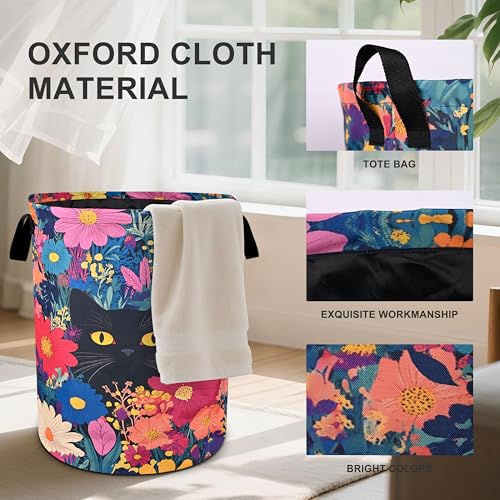 Black Cat Floral Laundry Basket Foldable Oxford Cloth Tote Bag Laundry Hamper Clothes Storage Bucket Organizer For Bathroom/Laundry Storage/Bedroom 19.6x15.7 Inch - color: Black Cat Floral
