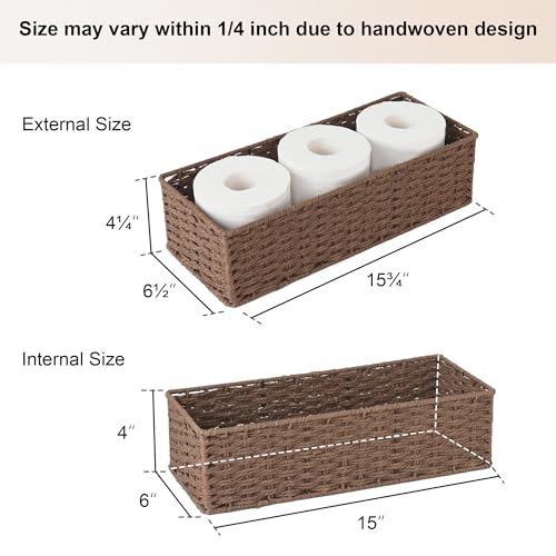 StorageWorks Round Paper Rope Toilet Tank Topper Basket, Wicker Basket for Bathroom, Brown, 2-Pack - color: Brown, size: 15 ¾"L x 6 ½"W x 4 ¼"H