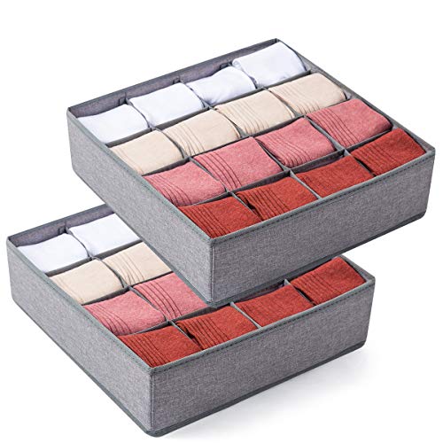 Qozary 2 Pack Socks Underwear Drawer Organizer Divider, 24 Cell or 16 Cell Collapsible Cabinet Closet Organizer Storage Boxes for Clothes, Socks, Lingerie, Underwear, Ties - color: Grey, size: 16 Cells