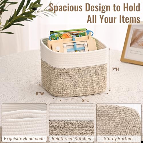 3 Pack Cube Storage Bin, 9”x9”x7” Cotton Rope Woven Baskets for Organizing Toys Clothes Towels, Square Gift Storage Baskets for Shelves, Nursery, Closet, Bathroom, Pantry (White & Jute) - color: White & Jute, size: 9" x 9" x 7"
