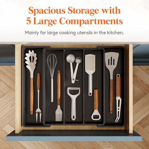 Lifewit Utensil Organizer for Kitchen Drawers, Expandable Cooking Utensil Tray, Adjustable Cutlery Silverware Flatware Holder, Plastic Spatula Tools Storage Divider, 11-18 x 14", Black - color: Black, size: Medium(11-18''W x 14''D)