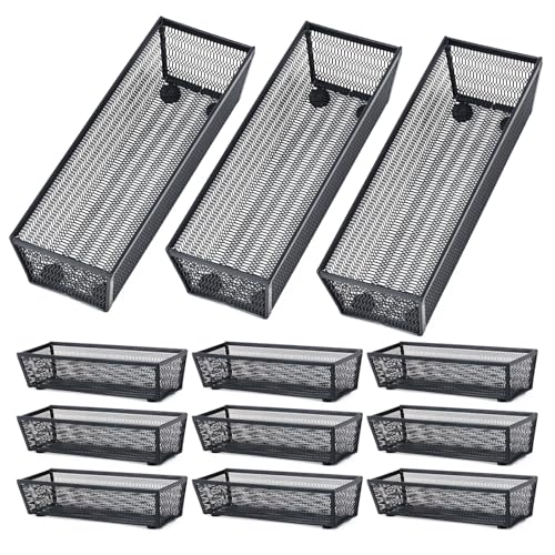 Neudeco Silverware Organizer,Mesh Drawer Organizer for Kitchen，Metal Utensil Organizer for Flatware, Knives, Spoons,Cosmetic (Black 9 * 3 * 2 inch Pack12) - color: Black-12 pack