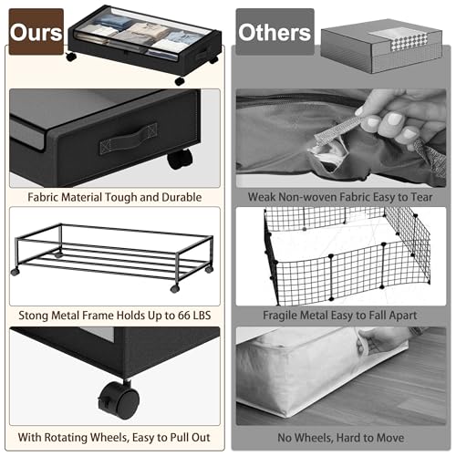Under Bed Storage with Wheels - 2Pack 60L Underbed Storage Containers with Clear Lid & Label, Rolling Under Bed Storage Bins for Clothes, Shoes, Blankets (XL,Black) - color: Black, size: Large