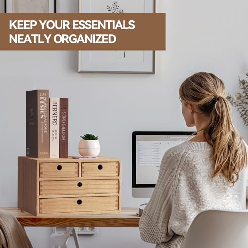 Kirigen Natural Wood Desktop Organizers with Drawers - Home Workspace Office Supplies Wooden Storage Box Shelf Case - Hold Makeup Box (NA, 3-Layer &4 Drawers) - color: Natural, size: 3-layer &4 drawers
