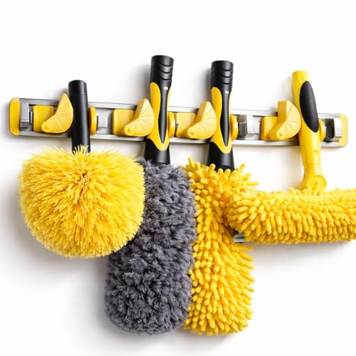 Good Grip Wall-Mounted Mop and Broom Holder Storage Organizer Cleaning Tools Hanger for Kitchen Garden Laundry Room and Garage (4 slots, 5 hooks)