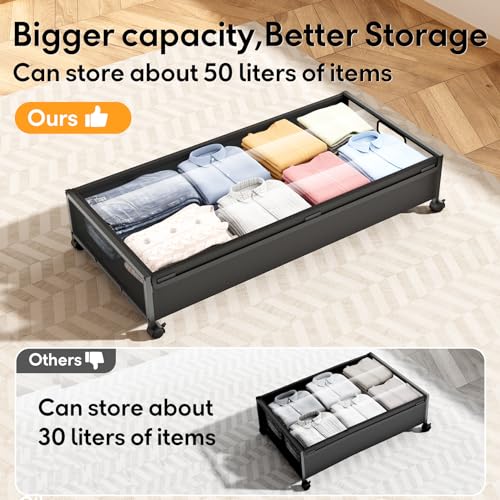 Under Bed Storage Containers with Wheels 2 Pack Underbed Shoe Storage Bedroom Storage Bins Organizer Large Capacity Under Bed Storage with Lid for Clothes Shoes Toys Blankets (Black) - color: Black, size: 2pcs
