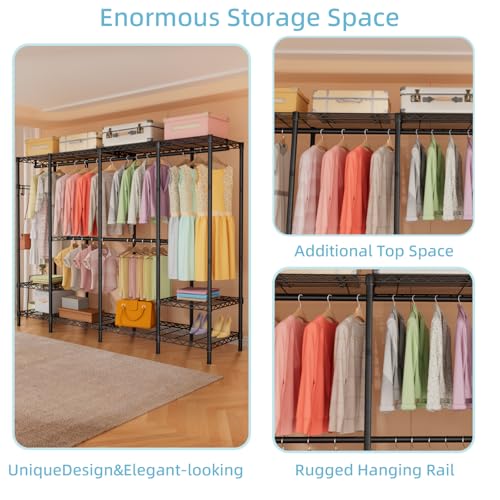 Golpart Heavy Duty Garment Rack Clothes Rack,Large Metal Closet Organizer System Storage Wardrobe,Freestanding Clothing Rack with Adjustable Wire Shelves& Hang Rods,MaxLoad 1000lbs - color: Black, size: 15.75"D x 68.9"W x 77"H