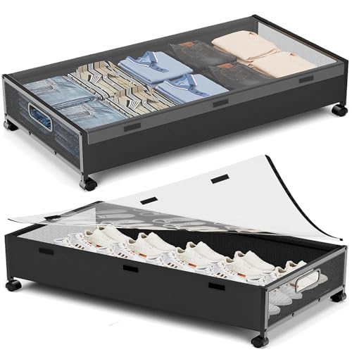 KITHELP Under Bed Storage with Wheels,2 Pack Under Bed Shoe Storage, Under the Bed Storage Drawers with Remove Window, Extra Large Rolling Under Bed Storage Metal Drawer for Clothes (Black-2 pack) - color: Black-2 pack