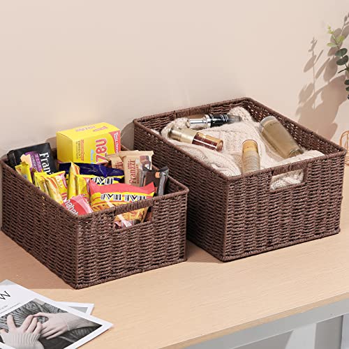 HOONEX Large Woven Storage Baskets, Paper Rope With Sturdy Metal Wire Frame, for Shelves, Set of 2, Dark Brown - color: Dark Brown, size: 15 x 12.8 x 7.5 inches