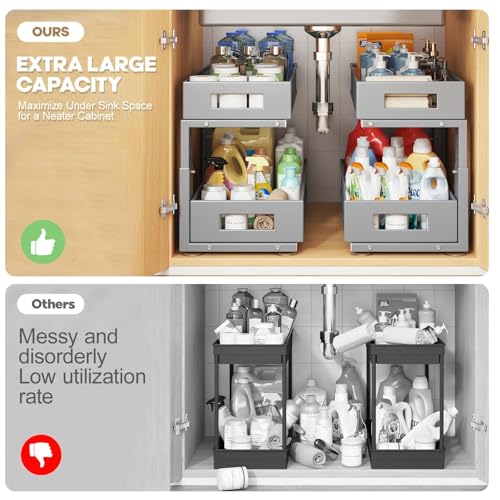1 Pack 19IN Depth Under Sink Organizer, 2-Tier Pull Out Cabinet Organizer With Smooth Circular Rail, Large Capacity Metal Mesh Sliding Drawers For Bathroom& Kitchen Storage,Height Adjustable-Gun Gray - color: Gun Gray, size: 1 Pack-19"Dx11.6"-16.7" H