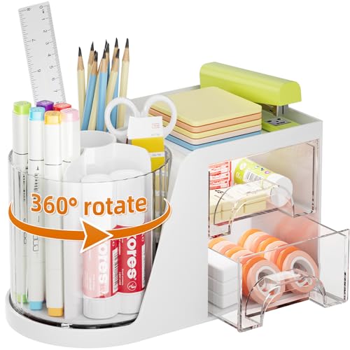 Marbrasse Desk Organizer with 2 Drawer, 360°Rotating Pen Holder, Desk Organizers and Accessories with 6 Slots Pencil Organizer + 2 Drawer, Art Supply Storage Box Caddy for Office (White) - color: White