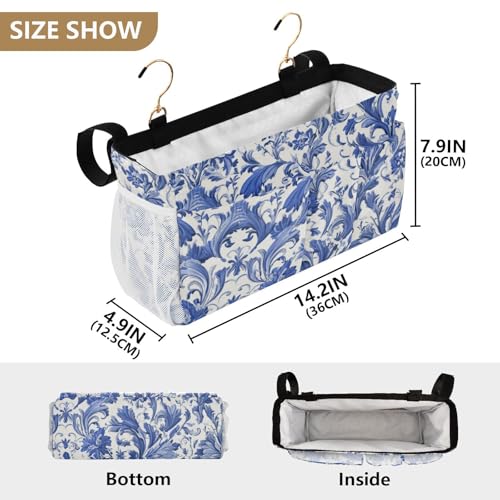 Bedside Caddy Metal Frame Hanging Organizer Bunk Bed Dorm Accessories Hook And Loop Storage Bag Large Pockets Blue Retro Flower Bohemian01 - color: Blue Retro Flower Bohemian01