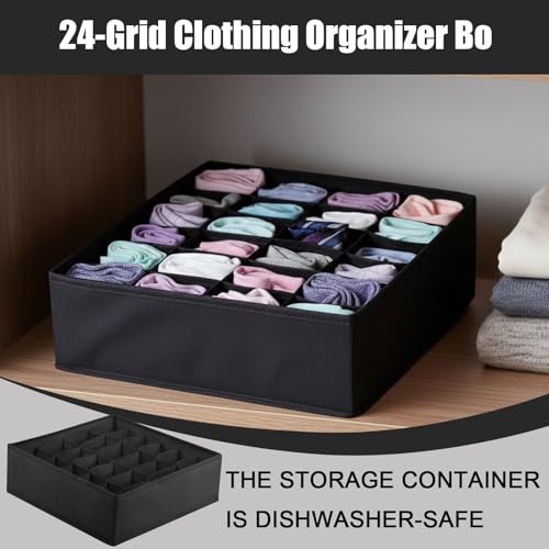 24 Grid Foldable Clothes Organizer Box,Wardrobe Storage Bin with PP Board Support,for Underwear, Socks, and T-Shirts,Black - color: Black, size: 24 Grid