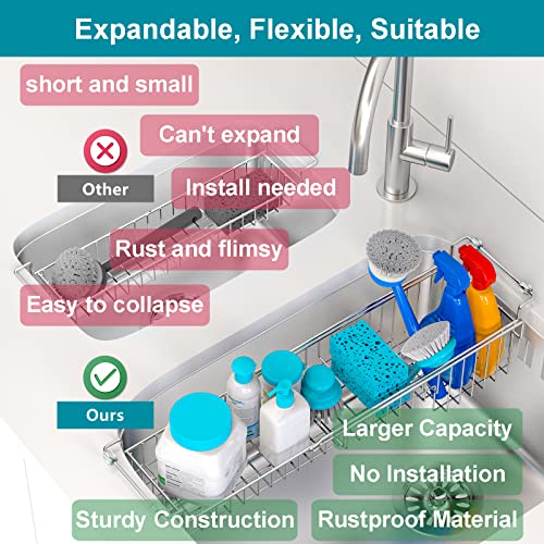 Over The Kitchen Sink Caddy Sponge Holder Organizer Drying Rack Expandable for Sponge Brush Soap Dish Cloth Rag 14.5" to 22", Stainless Steel - size: 14.5" to 22"