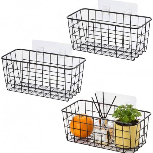 3 Set LeleCAT Adhesive Over the Cabinet Door Wire Baskets for Organizing for Kitchen Food Pantry Bathroom Shelf Storage No Drilling Wall Mounted,Black - color: Black, size: 3 PACK