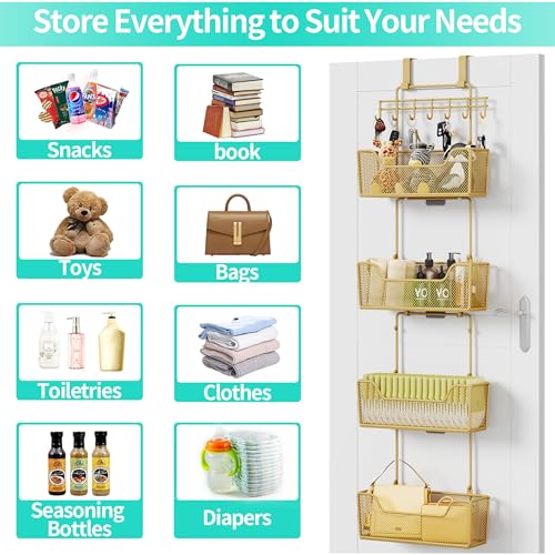 HapiRm Over The Door Organizer - Hanging Door Organizer with 4 Metal Large Capacity Baskets and Adjustable Coat Hook for Bathroom Bedroom Kitchen Pantry Closet Cabinet - color: Gold