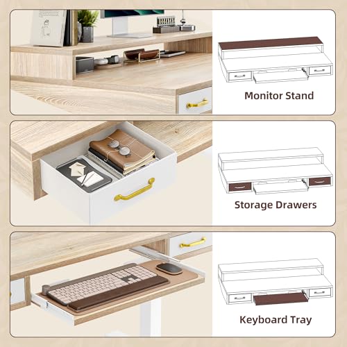 TIQLAB Standing Desk with Two Drawers, Stand Up Standing Desk Adjustable Height, Electric Sit Stand Table with Storage Shelf and Splice Board, with LED Light, 55 * 28 inch, Maple - color: Maple, size: 55*28 inch with keyboard tray