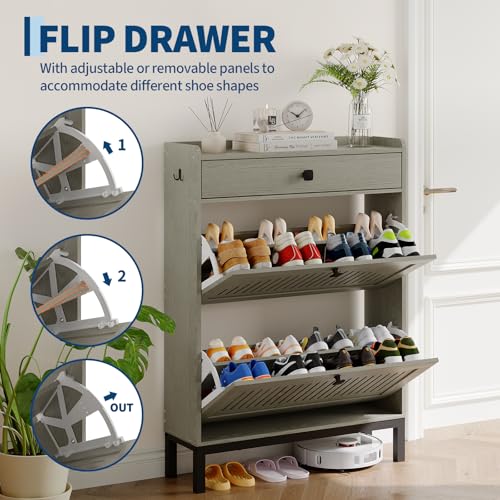 2-Door Flip Front Shoe Cabinet with Adjustable Shelves – Hidden Entryway Storage Organizer for Hallway, Foyer, Living Room – Freestanding Wooden Shoe Rack with Large Capacity & Modern Design, Grey - color: Grey, size: 9.45"D x 31.4"W x 43.4"H