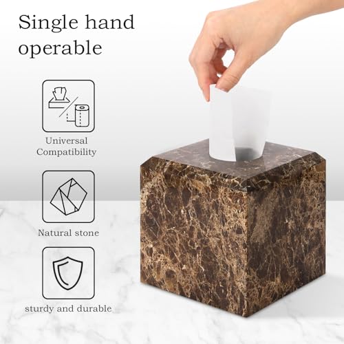 Natural Marble Square Tissue Box Cover,Stone Modern Decorative Sturdy Napkin Box Holder Case,Facial Paper Organizer for Bathroom Vanity Toilet Countertop,Kitchen (1, Dark Brown, 5.71 * 5.71 * 5.51) - color: Dark Brown