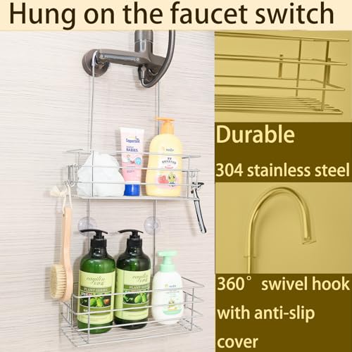 Hanging Shower Rack Shower Caddy with Rotatable Hook bar Over the Door and Can be Hung on the Faucet or Claw Foot, 304 Stainless Steel Rust Proof and Durable (Double-Layer) - color: Silver, size: 2-Tier