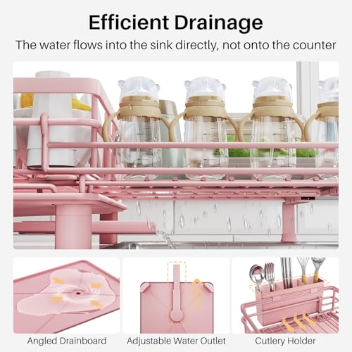 SNTD Dish Drying Rack - Extendable Dish Rack, Large Sink Drying Dish Drainer for Kitchen Counter, Stainless Steel Dish Strainer with Utensil Holder (Pink) - color: Pink