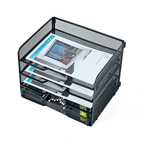 SETTFRFE 4 Tier Mesh Paper Letter Tray,Desk File Organizer with A Sliding Drawer,Office Supplies Desk Organizer for Home Office,Black.