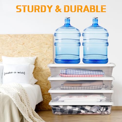 Beeveer 4 Pcs Plastic Under Bed Storage Containers with Lid Wheel Handle, Transparent Large Capacity Stackable Latching Storage Bins for Closet Bedroom Clothes Shoes Blanket(23.7 x 15.8 x 5.2,White) - color: White