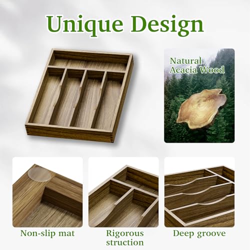 Kiasthome Acacia Wood Silverware Drawer Organizer, Kitchen Utensil Cutlery Drawer Organizer with Grooved Dividers, Flatware Organizer Silverware Tray Holder for Spoon, Fork, 11''x13.8'' (5 Slots) - size: 5 Slots
