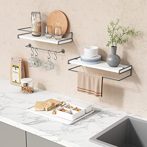 Forbena White Floating Shelves for Bathroom Organizer Over Toilet, Bathroom Shelves Wall Mounted with Towel Rack, Corner Wall Shelf for Bedroom Decor Kitchen Storage (White-Dark Grey, Set of 2) - color: 2. White-dark Grey