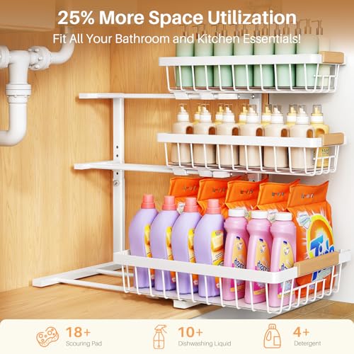 PXRACK Under Sink Organizer, 2-Pack 3-Tier Height Adjustable Thickened Metal Pull out Cabinet Organizer Shelf, Slide out Storage Drawer Rack for Bathroom Kitchen Pantry Home Organization, White - color: White