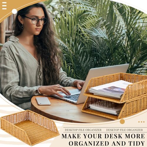 Yeaqee 2 Pcs Paper Tray Organizer for Desk Woven Letter File Organizer A4 File Tray Desk Paper Basket Letter Size Imitation Rattan Holder Organization Rack for Office Storage(Brown,Sleek Style) - style: Sleek Style