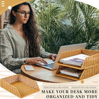 Yeaqee 2 Pcs Paper Tray Organizer for Desk Woven Letter File Organizer A4 File Tray Desk Paper Basket Letter Size Imitation Rattan Holder Organization Rack for Office Storage(Brown,Sleek Style) - style: Sleek Style