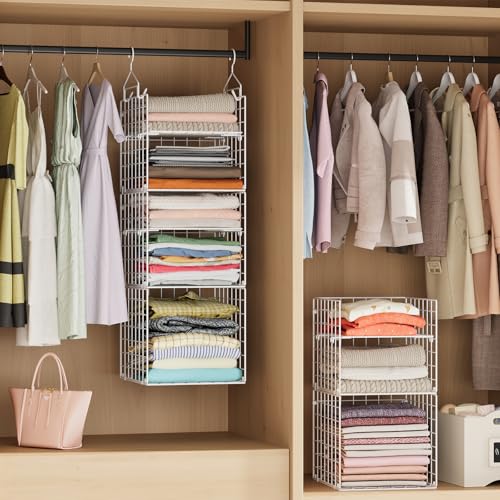 X-cosrack Closet Hanging Organizer and Storage - 5 Tier Hanging Shelves, Wire Closet Shelf Organizer Basket with Adjustable Dividers for Home Clothing Sweaters Shoes Handbags - color: White, size: Small