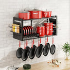 31 Inch Pot Rack Wall Mounted，3 in 1 Pots and Pans Organizer with 2 tier Kitchen Racks & Pot Lid Organizer Holder and 20 Hooks,Heavy Duty Hanging Pot Hanger for Kitchen Cookware, Utensils, Black - style: with Pot Lid Holder