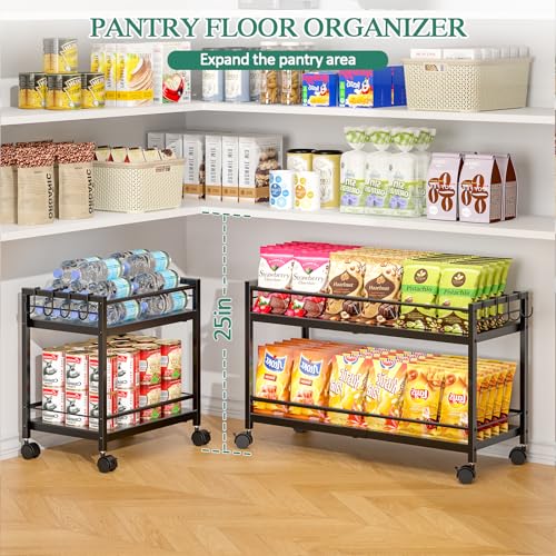 2-Tier Expandable Rolling Pantry Cart with Wheels, Adjustable Floor Organizer for Kitchen Pantry, Can Organizer for Pantry, Storage Cart for Snack, Food, Vegetables, Black, Patent Pending - color: Black