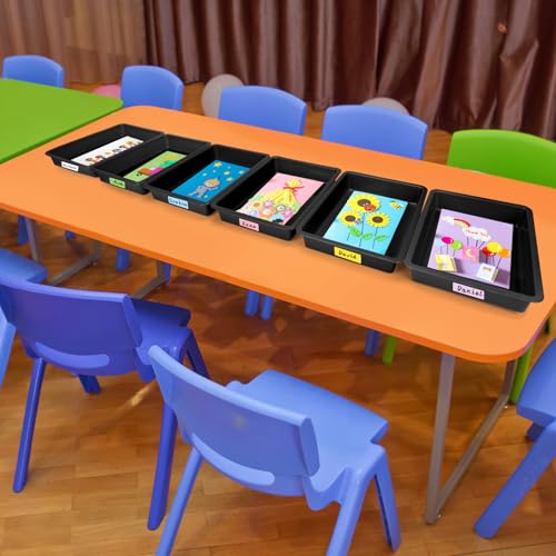 ShineMe 6 Pack Paper Trays for Classroom, Black Plastic Book Bins with Colorful Labels, Stackable Letter Size Storage Tray, Desk Organizer Tray for Home, School and Office - color: Black