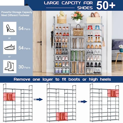 Mavivegue 9 Tiers Tall Shoe Organizer - Vertical Shoe Shelf for 50-55 Pairs, Stackable Racks for Entryway, Closet, Garage - Grey - color: Grey, size: 3 Row 9 Tier