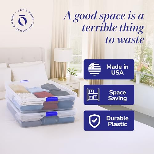 HOMZ 2-Pack Under Bed Storage, Clear Plastic Containers with Lids, 56 Quart, Blue Latch - Stackable Underbed Organizer Bins for Shoes, Bags, Clothes, and Towels - color: Blue, size: 56 Quart