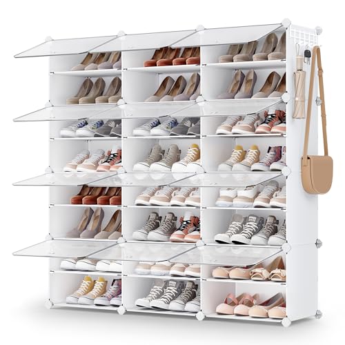 SONGMICS Shoe Rack Organizer, 12-Tier Shoe Storage Cabinet for Closet and Entryway, Holds 48 Pairs of Shoes, Adjustable, Cloud White and Trasparent ULPC040W01 - color: Cloud White + Trasparent, size: 12 Cubes