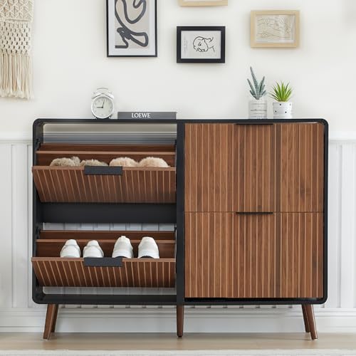 47" Fluted Large Shoe Cabinet with 4 Flip Drawers, Slim Freestanding Shoe Cabinet Organizer, Narrow Shoes Storage Rack for Entryway, 5 Sturdy Legs (Walnut with black, 9.45"D x 47.24"W x 35.83"H) - color: Walnut With Black#, size: 4 Drawers