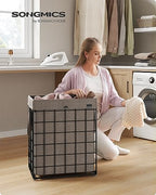 SONGMICS Laundry Hamper, 23.8 Gal. (90L) Laundry Basket, Collapsible Clothes Hamper, Removable and Washable Liner, Metal Wire Frame, for Bedroom Bathroom, Black and Camel Brown ULCB190N01 - color: Black + Camel Brown, size: 90 L