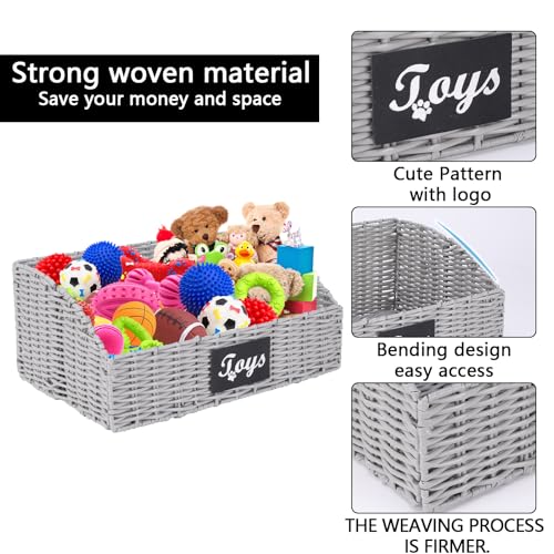 Dog Toy Basket Large Durable Metal Woven Foldable Storage Bin, Living Room Bedroom Entryway Toy Storage Organizer Rustic Trapezoid Pet Basket for Dogs Puppies and Home Floor Corners - color: Grey Solid Imitation Vine
