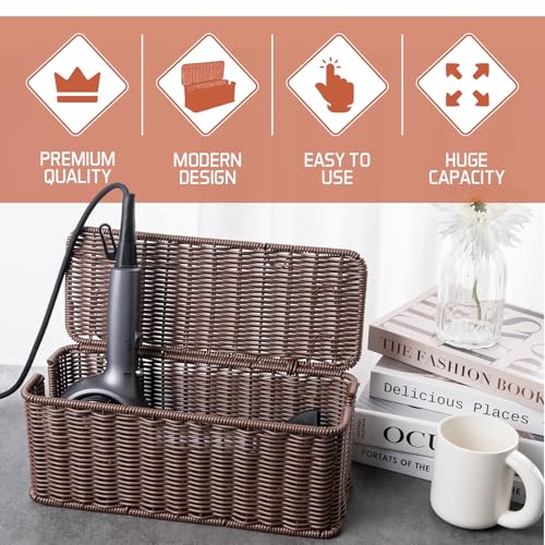 Cable Management Box, Handmade Rattan Cable Organizer with 2 Open Slots, Cord Hider for Power Strip, Router & USB Hub, Registered U.S. Design Patent (D1,112,102), 13" x 5.1" x 5.1", Brown - color: Brown, style: Rectangle