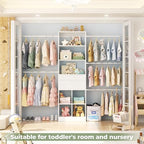 Besiost Closet System, 4-8 FT Closet Organizer Tower with 2 Wooden Drawers and Shelves, Can Fit 60 to 96 inch Walk-in Closet System with 5 Hanging Rods, Built-in, White - color: White